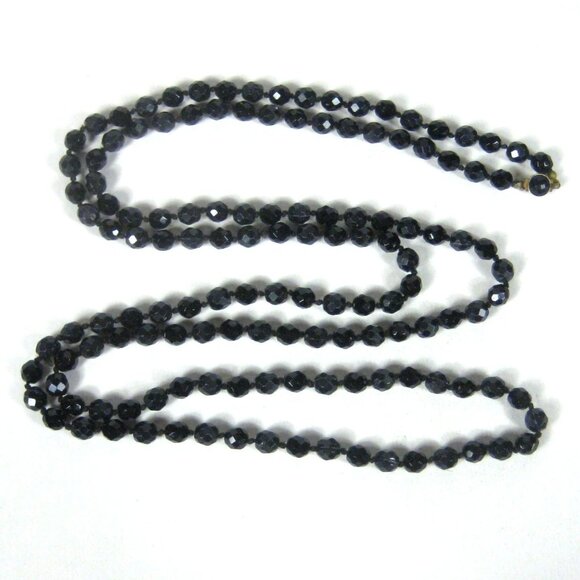 Made in Austria Black Crystal and Plastic Bead Long Necklace Glass Faceted 57 in - Picture 1 of 9